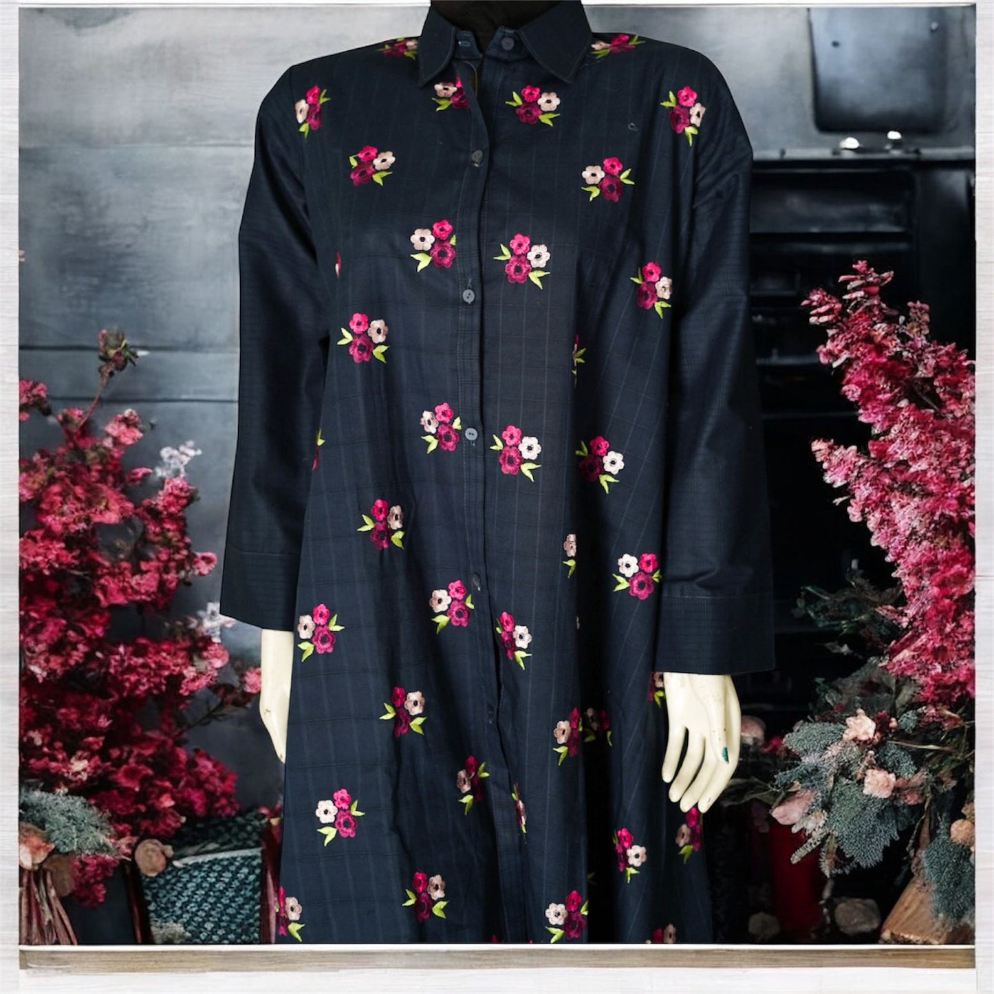 Embroidery blue with flowers