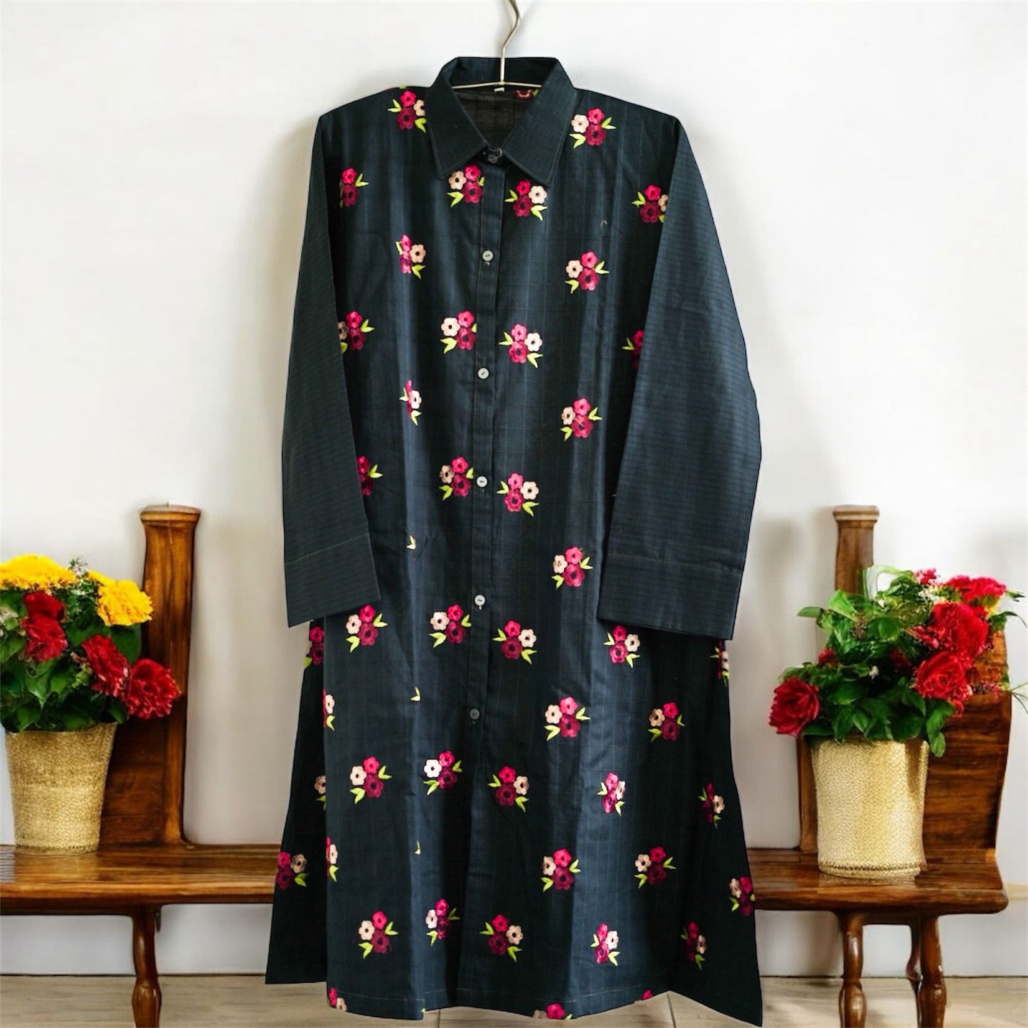 Embroidery blue with flowers